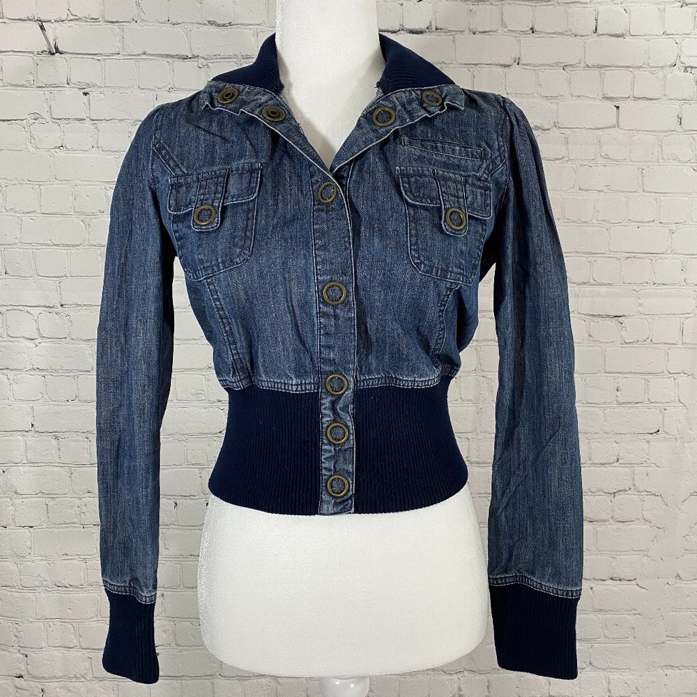 Forever 21 Denim Blue Jean Bomber Jacket Long Sleeves Tall Collar Women's Size M